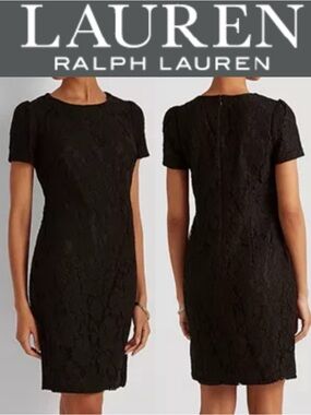 LAUREN RALPH LAUREN BLACK LACE COCKTAIL DRESS PUFF SLEEVE SHEATH CLASSIC **NWT**